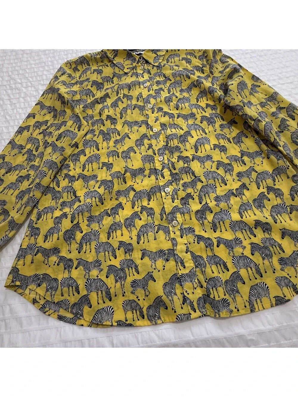 Talbots Yellow Zebra Animal Print Button Up Shirt Long Sleeve Sz L Large